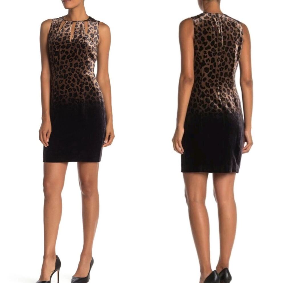 Elie Tahari Jemra Silk Blend Ombre Leopard Print Velvet Keyhole Sheath Dress - 6